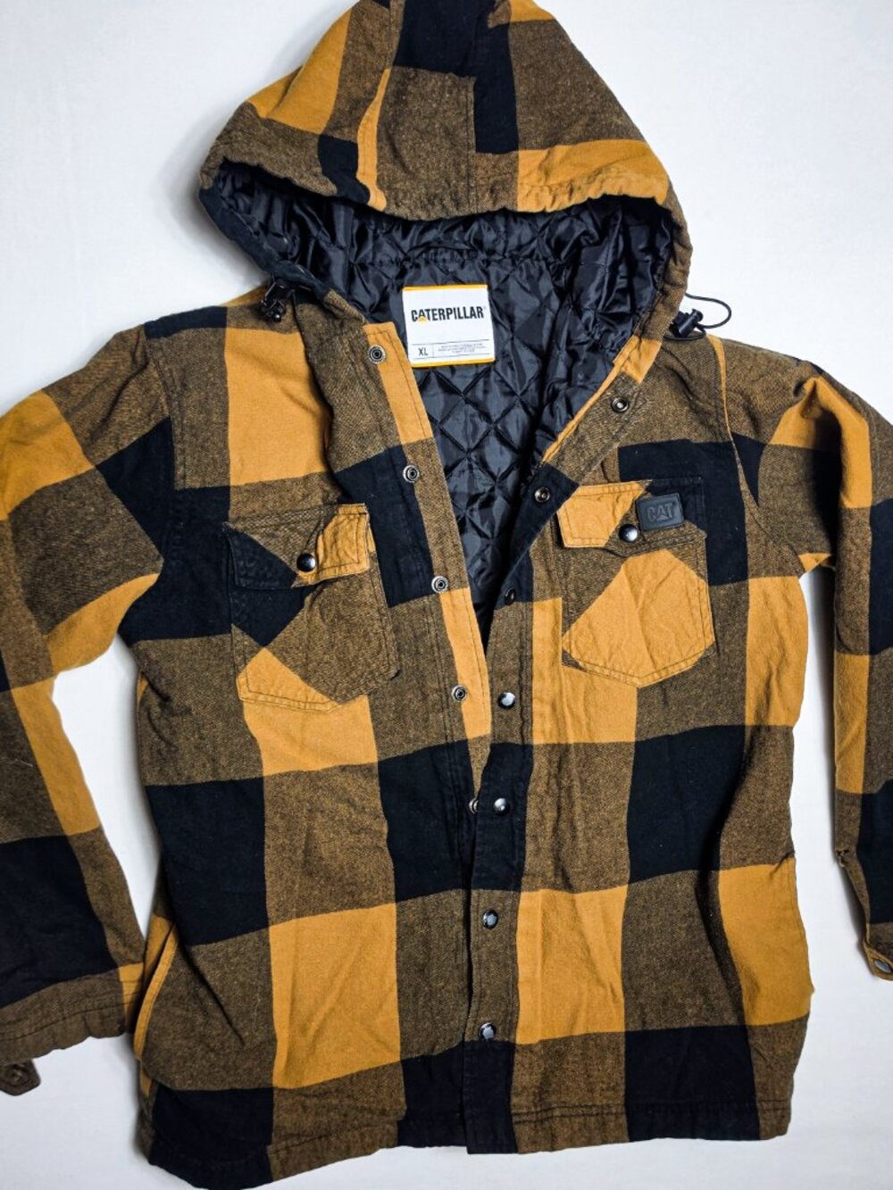 Caterpillar CAT mens hooded insulated flannel shirt jacket plaid utility orange